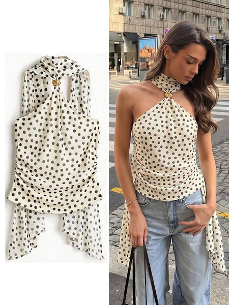 Taurel Halterneck Polka Top - flat-lay and styled shot, cream with black polka dots - Miss Mosa By Akanksha