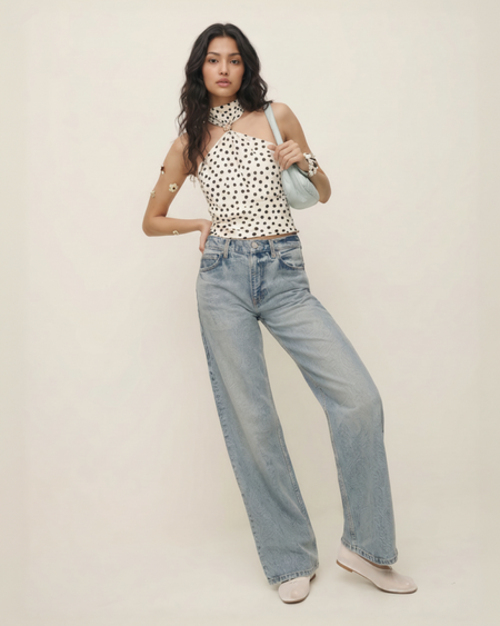 Taurel Halterneck Polka Top - full-length shot, cream with black polka dots - Miss Mosa By Akanksha