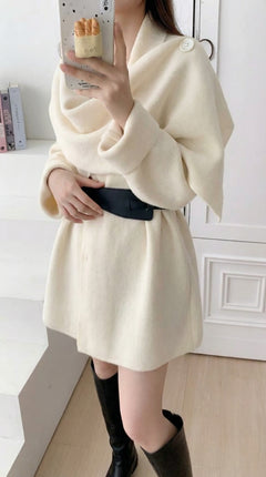 Tayla Luxe Winter Cape With Belt - full-length shot on model, cream - Miss Mosa By Akanksha