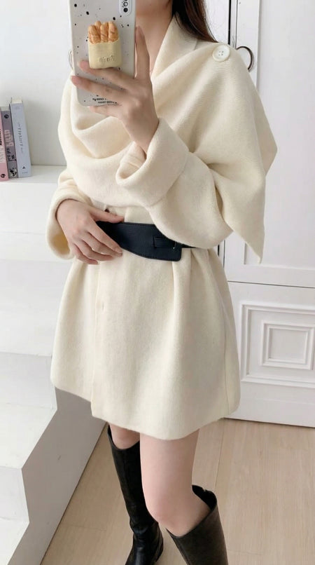 Tayla Luxe Winter Cape With Belt - full-length shot on model, cream - Miss Mosa By Akanksha