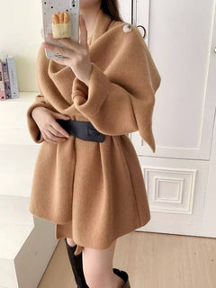 Tayla Luxe Winter Cape With Belt - full-length shot on model, camel - Miss Mosa By Akanksha