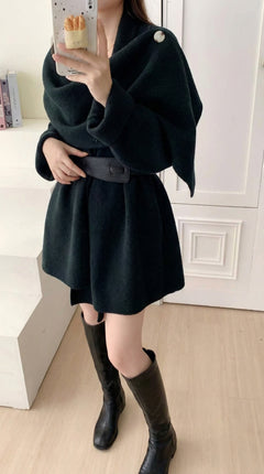 Tayla Luxe Winter Cape With Belt - full-length shot on model, black - Miss Mosa By Akanksha