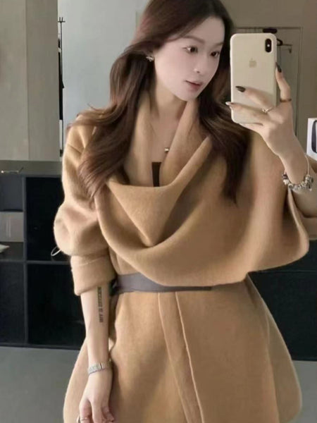 Tayla Luxe Winter Cape With Belt - front shot on model, camel - Miss Mosa By Akanksha