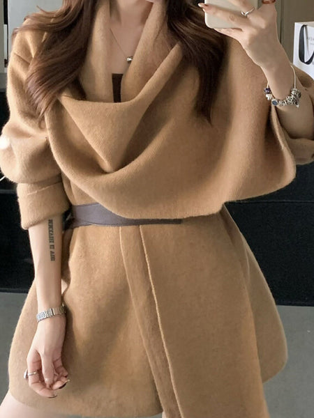 Tayla Luxe Winter Cape With Belt - front shot on model, camel - Miss Mosa By Akanksha