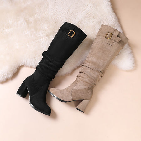 Taylor High Block Suede Boots - flat-lay product shot of pair, black and taupe - Miss Mosa By Akanksha