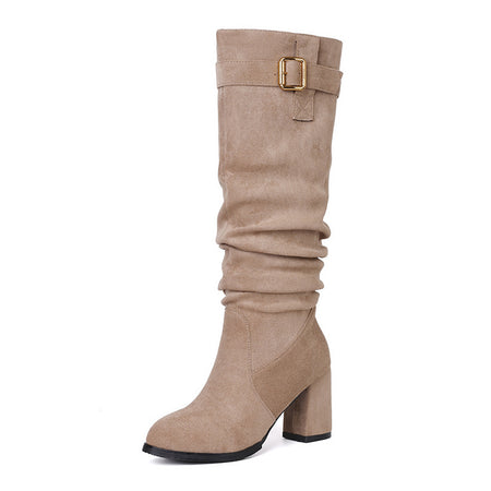 Taylor High Block Suede Boots - angled product shot, taupe - Miss Mosa By Akanksha
