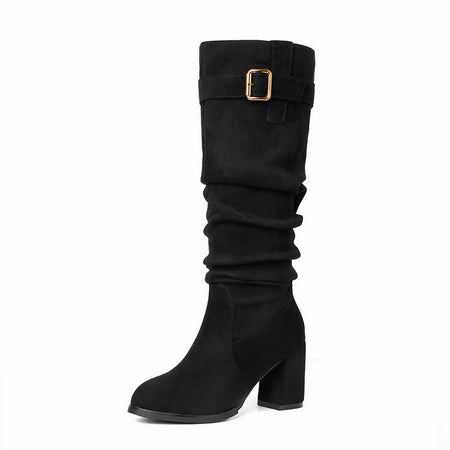 Taylor High Block Suede Boots - angled product shot, black - Miss Mosa By Akanksha