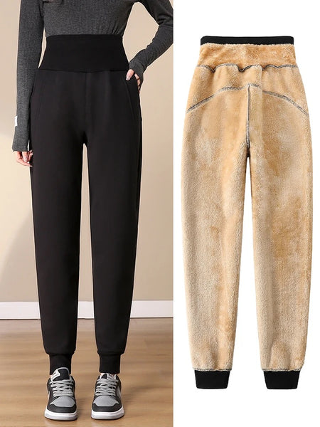 Telsa Slimming Premium Fleece Lined Jogger - front shot on model with lining inset, black - Miss Mosa By Akanksha