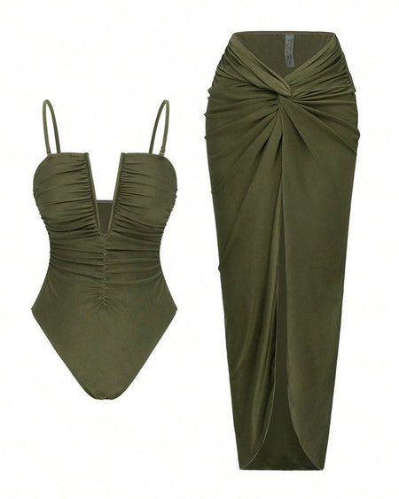Tempa Swimsuit With Skirt - flat-lay shot, olive green - Miss Mosa By Akanksha
