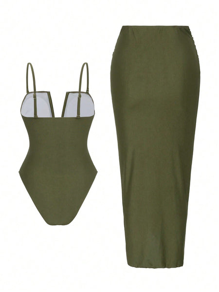 Tempa Swimsuit With Skirt - flat-lay shot, olive green - Miss Mosa By Akanksha