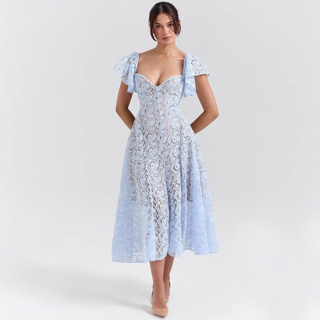 Tena Luxury Lace Midi Dress In Blue - front shot on model - Miss Mosa By Akanksha