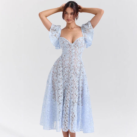 Tena Luxury Lace Midi Dress In Blue - front shot on model - Miss Mosa By Akanksha