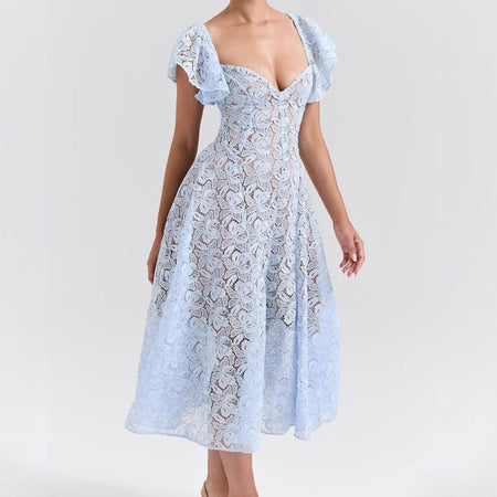 Tena Luxury Lace Midi Dress In Blue - back shot on model - Miss Mosa By Akanksha