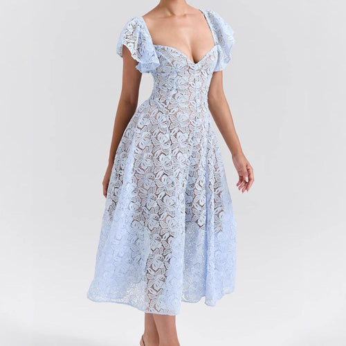 Tena Luxury Lace Midi Dress In Blue