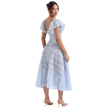 Tena Luxury Lace Midi Dress In Blue - front shot on model - Miss Mosa By Akanksha