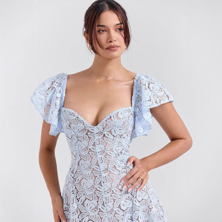 Tena Luxury Lace Midi Dress In Blue - close-up of bodice and neckline on model - Miss Mosa By Akanksha
