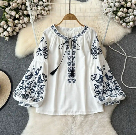 Teo Embroidered Summer Top - front flat-lay product shot on hanger, white and navy blue - Miss Mosa By Akanksha