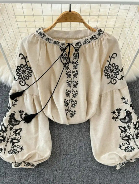 Teo Embroidered Summer Top - front flat-lay product shot on hanger, beige and black - Miss Mosa By Akanksha