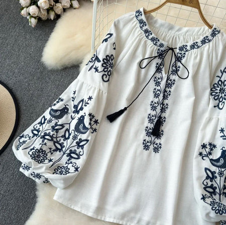 Teo Embroidered Summer Top - front flat-lay product shot on hanger, white and navy blue - Miss Mosa By Akanksha