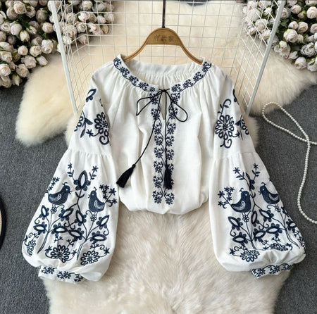 Teo Embroidered Summer Top - front flat-lay product shot on hanger, white and navy blue - Miss Mosa By Akanksha