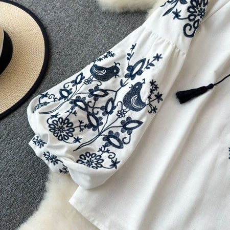 Teo Embroidered Summer Top - close-up of sleeve embroidery detail, white and navy blue - Miss Mosa By Akanksha