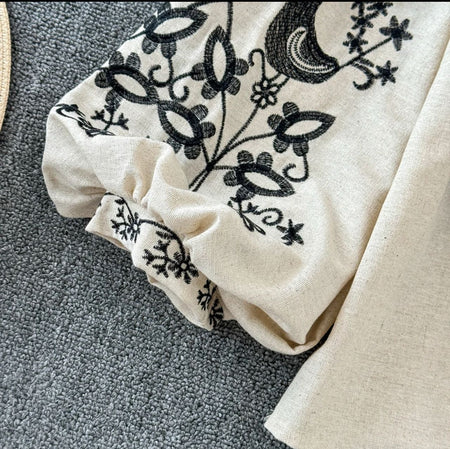 Teo Embroidered Summer Top - close-up of sleeve embroidery detail, beige and black - Miss Mosa By Akanksha