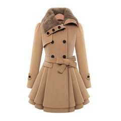 Terra Fur Detailed Double Breasted Overcoat - front shot on mannequin, camel - Miss Mosa By Akanksha