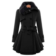 Terra Fur Detailed Double Breasted Overcoat - front shot on mannequin, black - Miss Mosa By Akanksha