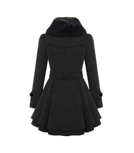 Terra Fur Detailed Double Breasted Overcoat - back shot on mannequin, black - Miss Mosa By Akanksha