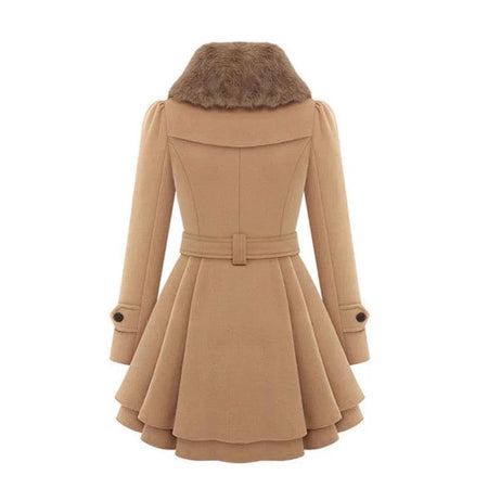 Terra Fur Detailed Double Breasted Overcoat - back shot on mannequin, camel - Miss Mosa By Akanksha
