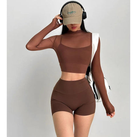 Terra Seamless Top with Inbuilt Bra - lifestyle shot on model, brown - Miss Mosa By Akanksha