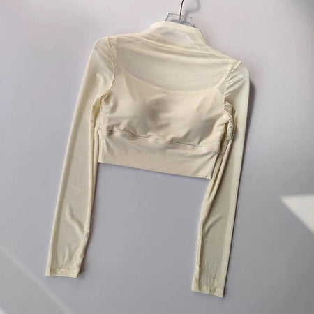 Terra Seamless Top with Inbuilt Bra - back shot on hanger, cream - Miss Mosa By Akanksha