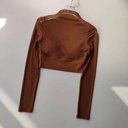Terra Seamless Top with Inbuilt Bra - back shot on hanger, brown - Miss Mosa By Akanksha
