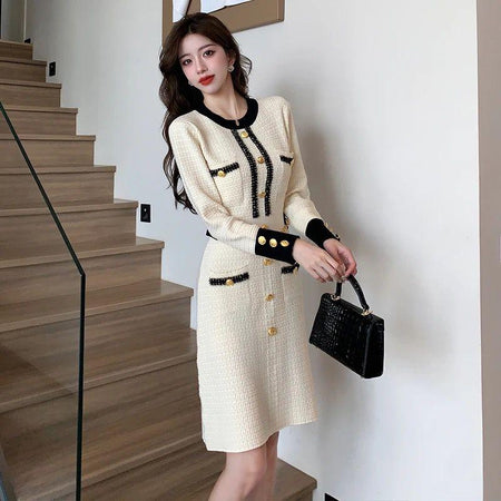 Terra Vintage Woolen Dress - full-length shot on model, cream - Miss Mosa By Akanksha