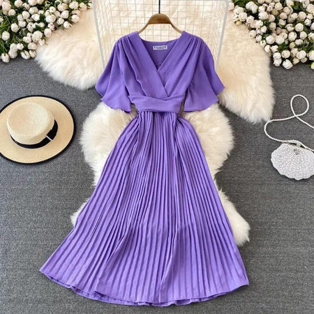 Terry Pleated Luxe Summer Dress - styled flat-lay shot, purple - Miss Mosa By Akanksha
