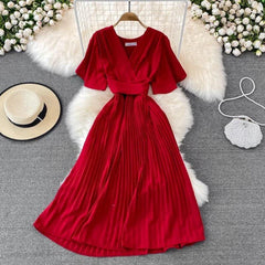 Terry Pleated Luxe Summer Dress - styled flat-lay shot, red - Miss Mosa By Akanksha