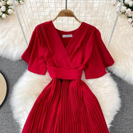 Terry Pleated Luxe Summer Dress - close-up of bodice, red - Miss Mosa By Akanksha