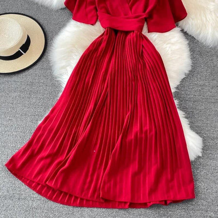 Terry Pleated Luxe Summer Dress - close-up of pleated skirt, red - Miss Mosa By Akanksha