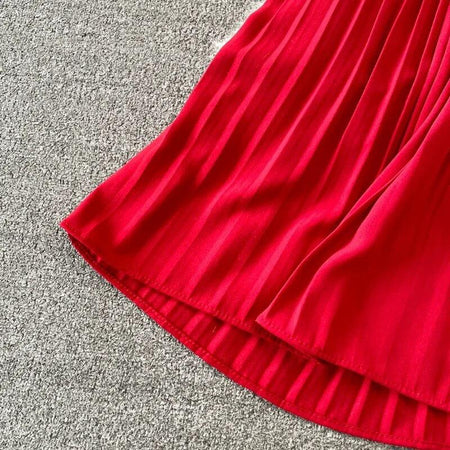 Terry Pleated Luxe Summer Dress - close-up of hem, red - Miss Mosa By Akanksha