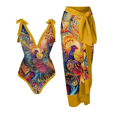 Tesca Swimsuit with Sarong Skirt In Mustard - flat-lay product shot, yellow - Miss Mosa By Akanksha