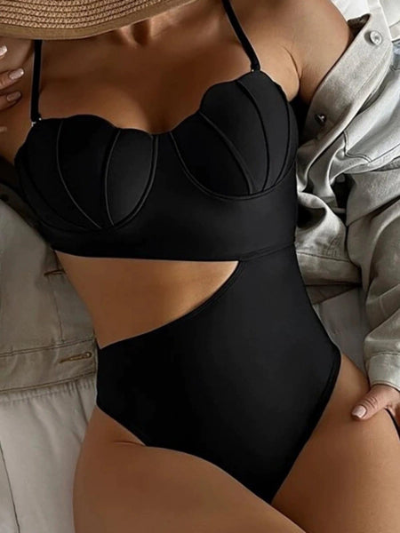 The Mermaid Luxe Swimsuit - Black - close-up of scalloped bust, black - Miss Mosa By Akanksha