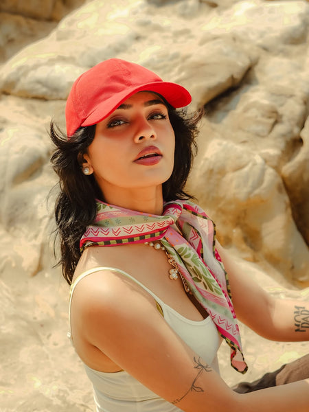 The Miss Mosa Scarf - front shot on model wearing scarf at neck, multicolour pink and green print - Miss Mosa By Akanksha