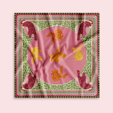 The Miss Mosa Scarf - flat-lay product shot fully spread, multicolour pink and green print - Miss Mosa By Akanksha