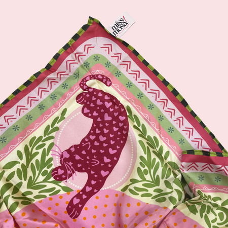 The Miss Mosa Scarf - close-up of corner with brand label, multicolour pink and green print - Miss Mosa By Akanksha