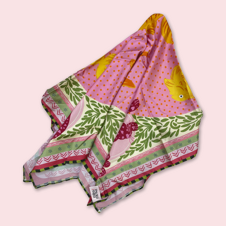 The Miss Mosa Scarf - draped product shot folded, multicolour pink and green print - Miss Mosa By Akanksha