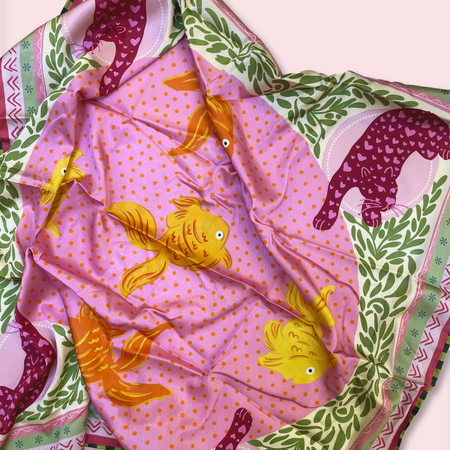 The Miss Mosa Scarf - close-up of fish print detail, multicolour pink and green print - Miss Mosa By Akanksha