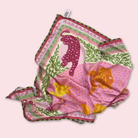 The Miss Mosa Scarf - flat-lay product shot scrunched, multicolour pink and green print - Miss Mosa By Akanksha