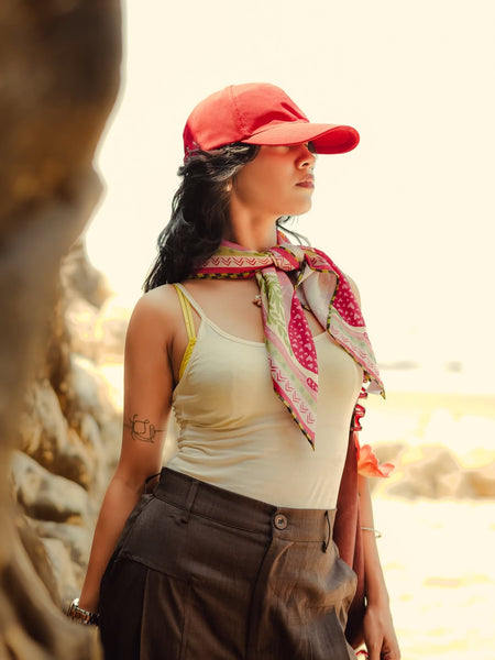 The Miss Mosa Scarf - side shot on model with scarf as headscarf, multicolour pink and green print - Miss Mosa By Akanksha