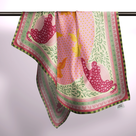 The Miss Mosa Scarf - draped product shot over a rail, multicolour pink and green print - Miss Mosa By Akanksha