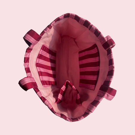 The Miss Mosa Tote Bag - Pink Striped - top-down shot of interior lining, pink and maroon striped - Miss Mosa By Akanksha